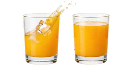 Isolated Orange Juice in Glass with Ice Cube Splashing out against a Plain Backdrop