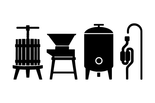Winemaking equipment icons: press, crusher, fermenter, airlock silhouettes.