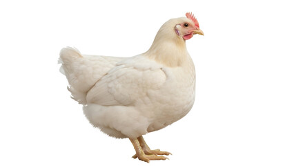 Isolated white feathered chicken standing calmly, agricultural livestock poultry farming farm animal