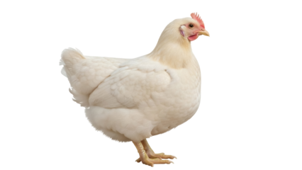 Isolated white feathered chicken standing calmly, agricultural livestock poultry farming farm animal