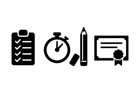Education and productivity icons: checklist, stopwatch, pencil, certificate. - Powered by Adobe