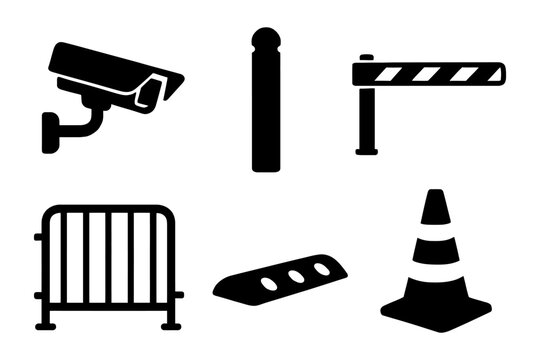 Security and safety icons: cctv, barrier, cone, bollard, wheel stop, fence.