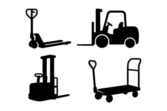Silhouette set of industrial lifting equipment: forklift, pallet jack, stacker, platform truck.