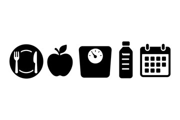Healthy lifestyle symbols: diet, exercise, hydration, nutritional planning.