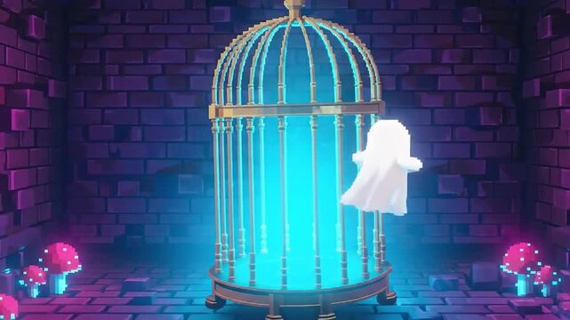 Animated sequence of a ghost escaping from a glowing cage with mushrooms in a dark brick room