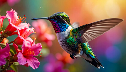 Close-up image of a hummingbird with its beautiful colors. Macro photography.