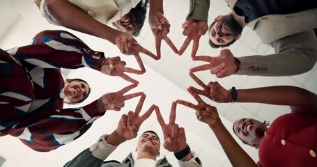 Star, support and teamwork with hands of business people in office for partnership, collaboration and community. Mission, connection and synergy with low angle of employees for networking and v sign - Powered by Adobe