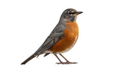 Isolated American robin bird, perched and looking right, orange breast and gray back feathers