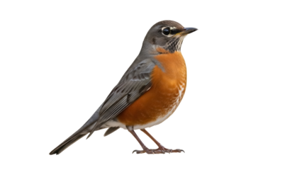 Isolated American robin bird, perched and looking right, orange breast and gray back feathers