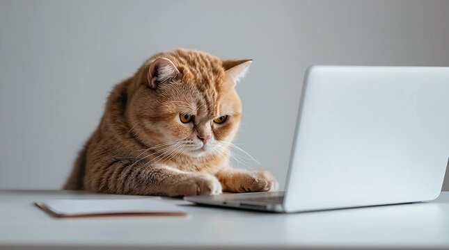 Feline Tech Guru: An adorable ginger cat engrossed in its laptop, typing with focused intensity, hinting at a world of digital prowess and feline intelligence.