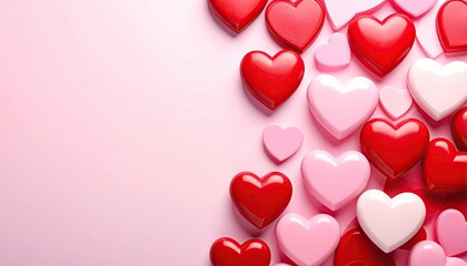 A vibrant collection of red and pink heart shapes scattered on a soft pastel pink background.