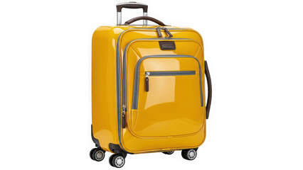 Yellow hardshell rolling carryon luggage suitcase with telescopic handle isolated on transparent background
