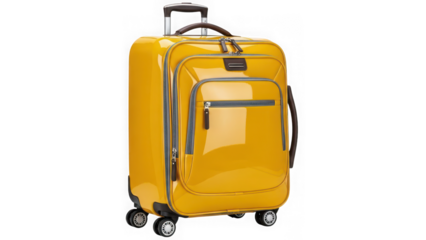 Yellow hardshell rolling carryon luggage suitcase with telescopic handle isolated on transparent background