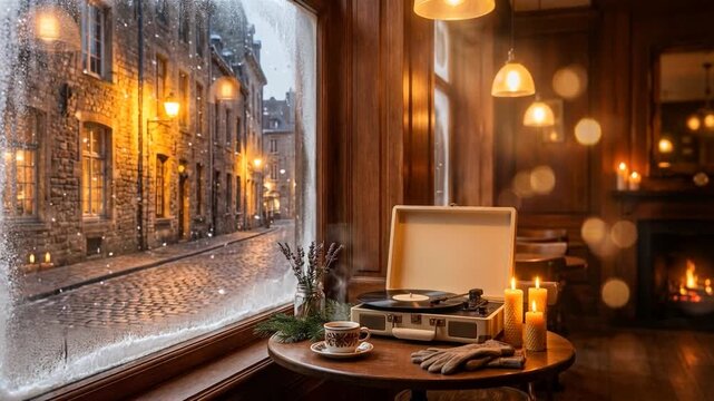 A cozy vintage caf&eacute; interior with warm lighting, a small table, a classic turntable, and large windows overlooking a quiet European street, creating a calm nostalgic urban atmosphere.