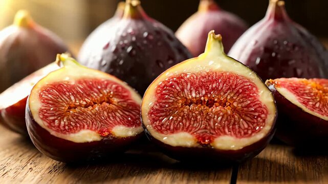 Close up slow motion video of fresh ripe figs cut in half on a rustic wooden table