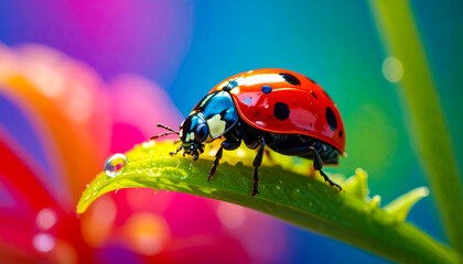 A macro shot of water droplets on a green branch and a beautiful ladybug.