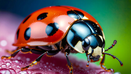 A macro shot of water droplets on a green branch and a beautiful ladybug.