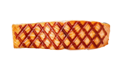 Isolated piece of grilled salmon with decorative grill marks creating a diamond pattern on top