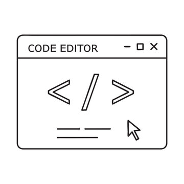 Minimalist line art illustration of code editor window with HTML tags symbol