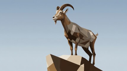 A geometric illustration of a mountain goat standing atop a rocky peak against a gradient blue sky. The goat is in a proud pose