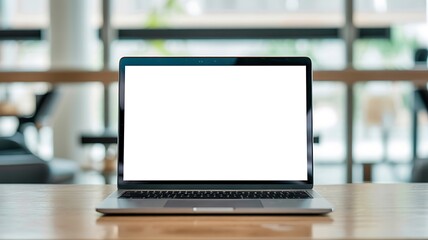 Modern Laptop with Blank Screen on Wooden Desk in Office Setting
