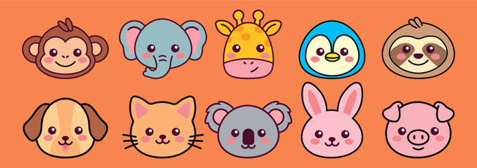 Fototapeta premium Cute cartoon animal faces icon set with monkey cat dog and rabbit