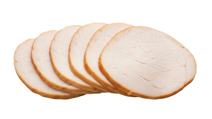 Isolated cooked turkey breast slices in a row on a plain surface, for sandwiches or snacks