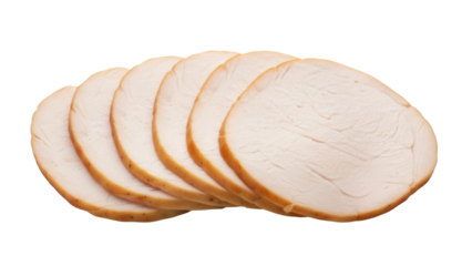 Isolated cooked turkey breast slices in a row on a plain surface, for sandwiches or snacks
