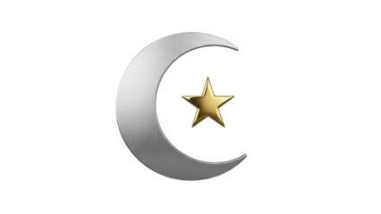 Isolated metallic crescent moon and golden star icon, Islamic religion symbol rendered image