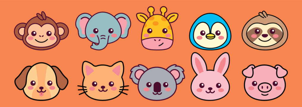 Cute cartoon animal faces icon set with monkey cat dog and rabbit