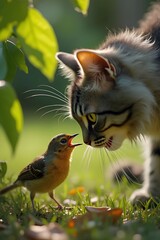 Little bird and cat