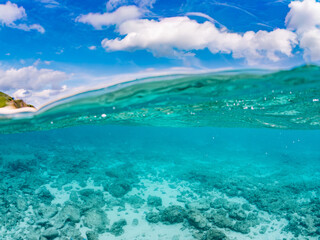 Fototapeta premium 嘉比島の美しい白砂ビーチの半水面撮影。 美しいサンゴ礁と熱帯魚の群れ。 嘉比島沖縄県 島尻郡慶良間諸島座間味島-2025 沖縄本島から40km西方の諸島。30以上の島嶼群全体が国立公園に指定。珊瑚礁の青い海と白い砂浜は世界屈指の美。貴重な動植物が多数生息。 