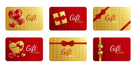 Set of gold and red gift card templates with hearts and bows for lovers. Valentine's Day, wedding anniversary. Vector illustration.