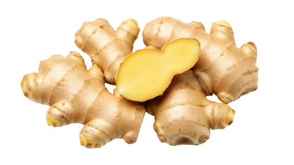 Isolated aromatic ginger roots with one sliced in half showing yellow center on display