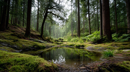 Beautiful forest background for screensaver. with sunbeams. Calm close-up of fairytale forest and nature landscape, panorama. Summer vacation, holiday, amazing nature.