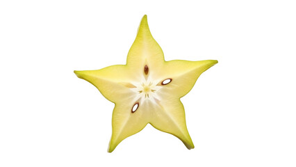 Isolated slice of carambola fruit with star shape in bright yellow color, tropical snack