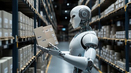 Advanced android robot managing inventory and scanning barcodes inside a massive automated warehouse fulfillment center