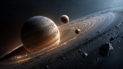 Ringed planet system gas giant, moons, & asteroid belt in cosmic dark void