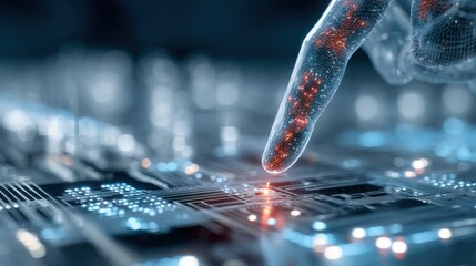Digital technology abstract human finger touching circuit board