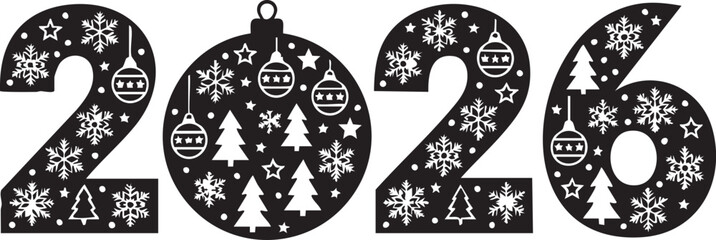 Christmas Bauble and Snowflake 2026 Silhouettes on White Background