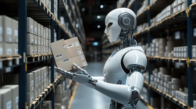 Advanced android robot managing inventory and scanning barcodes inside a massive automated warehouse fulfillment center - Powered by Adobe