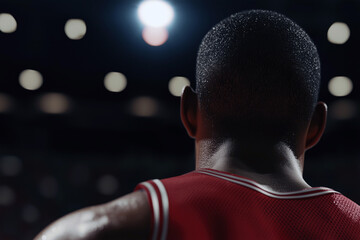 Backview of a Basketball player in Red jersey in a basketball stadium, arena.