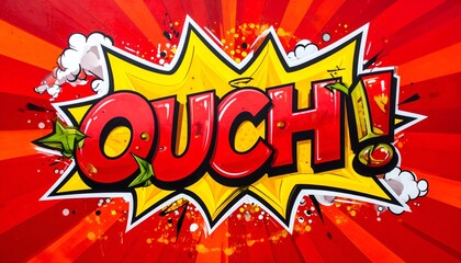 Pop art style, comic book "OUCH!" speech bubble, red and yellow radial background