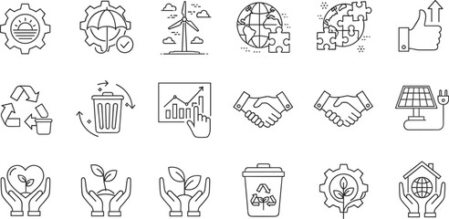 Sustainability and green energy icon set illustrating renewable power, recycling, environmental protection, eco friendly business, climate responsibility, and sustainable development concepts