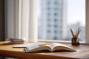 A clean modern study desk with notebook, pencil and open book, soft natural window light, neutral colors, shallow depth of field, minimal composition, photorealistic, high realism,