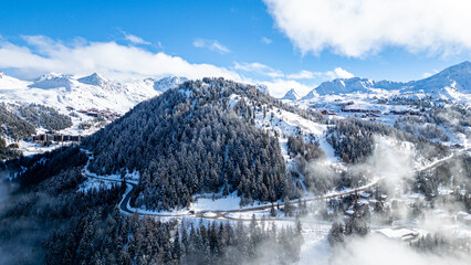 Aerial view of Skiing area of Paradiski, La Plagne, France Alpes