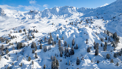 Aerial view of Skiing area of Paradiski, La Plagne, France Alpes