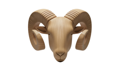 Isolated Wooden Ram Head Sculpture with Horns, Animal Figure for Home Decor or Wall Art