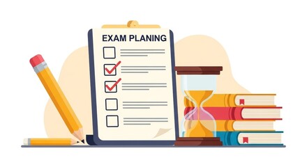 Exam planning checklist with pencils, hourglass, and books.