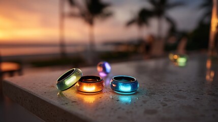 Rings glow on a countertop at sunset; beach background blurred